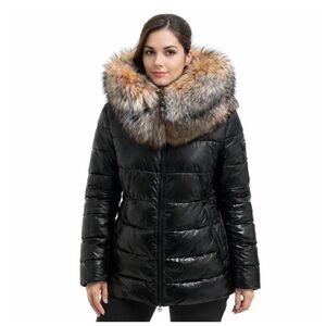 Women's Black Puffer Jacket with Genuine Fox Fur Trim